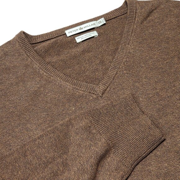 Peter Millar Mens Brown V-Neck Sweater XL Silk Cotton Cashmere Soft Luxury‎ Knit - Picture 1 of 9